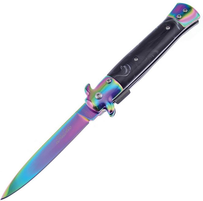 Frost Cutlery Italian Stiletto Milano ISM-001 Rainbow Black- Assisted Opening
