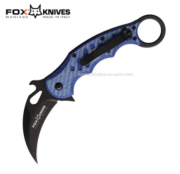 Fox Italy Karambit Flipper Folding Knife, N690 Black, G10 Blue/Carbon Fiber, 479BLT