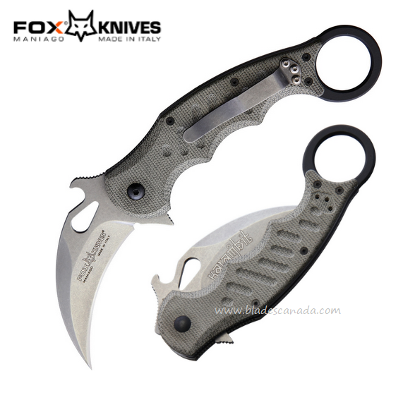 Fox Italy Karambit Flipper Folding Knife, N690 SW, Micarta Green, 479MISW