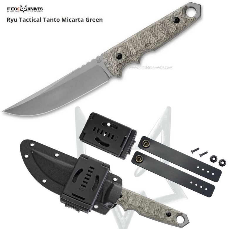 Fox Italy Ryu Fixed Blade Knife, Niolox Steel Tanto, Micarta Green, Kydex Sheath, FX-634MOD