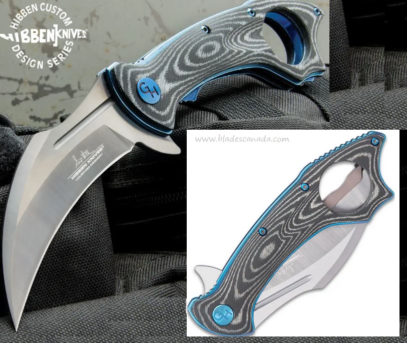 Gil Hibben Warbird Karambit Flipper Folding Knife, Micarta Grey/Blue Liners, GH5103