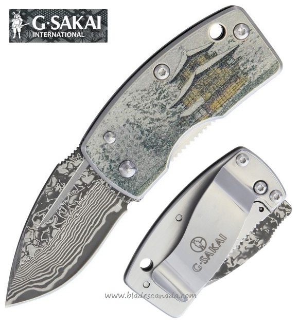 G. Sakai Knives Money Clip Kinkakuji Framelock Folding Knife, Damascus, GS11608