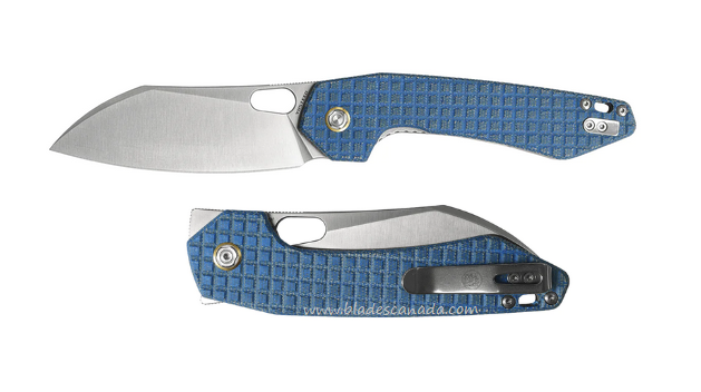 Vosteed Gator Flipper Folding Knife, 14C28N Satin Sheepsfoot, Micarta Blue, GT37VTML1