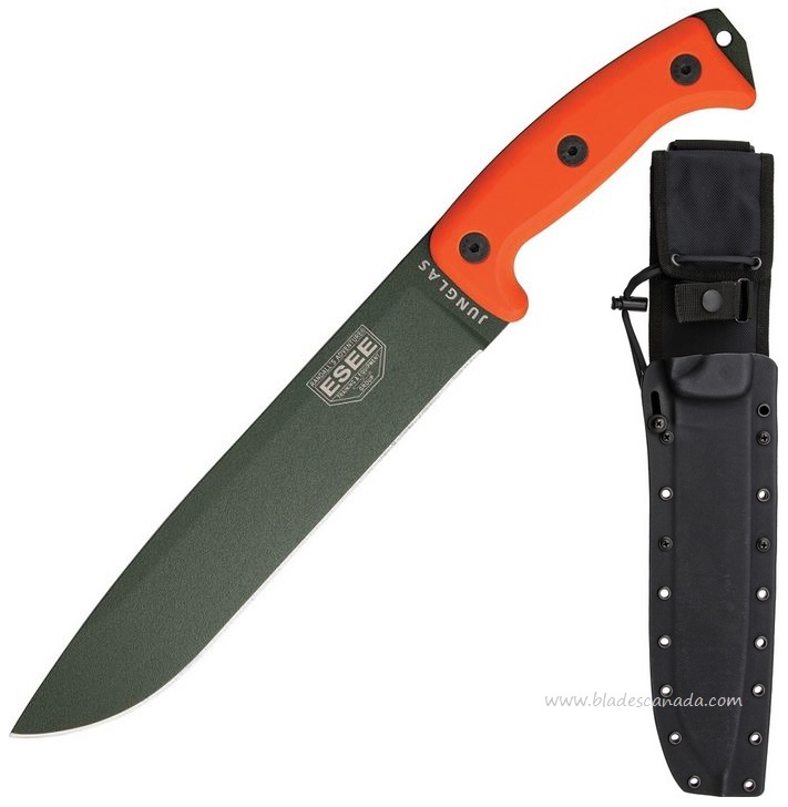 ESEE Junglas Fixed Blade Knife, 1095 Carbon OD, G10 Orange, Kydex Sheath - Click Image to Close