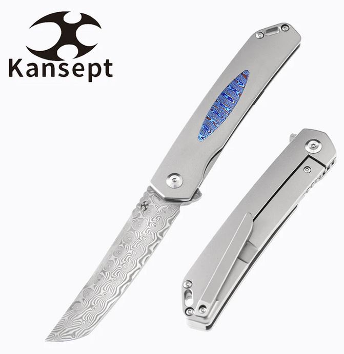 Kansept Hazakura Flipper Framelock Folding Knife, Damscus Blade, Titanium/Timascus, K1019D1