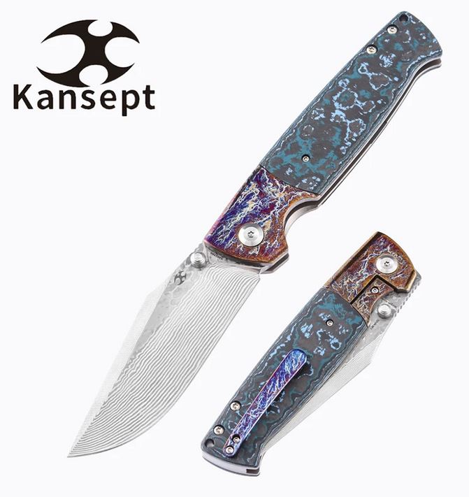 Kansept Shikari Framelock Folding Knife, Damascus Blade, Artic Storm Fat Carbon Fiber/Titanium, K1027A6