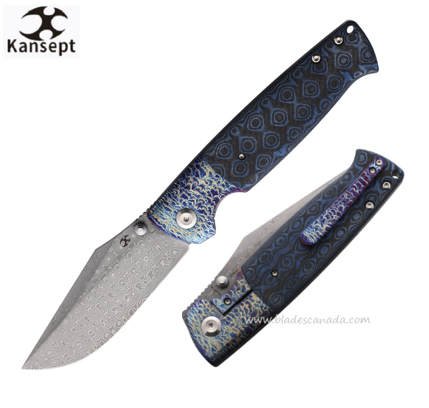 Kansept Shikari Framelock Folding Knife, Damascus, Titanium Lightning/Carbon Fiber, K1027A7