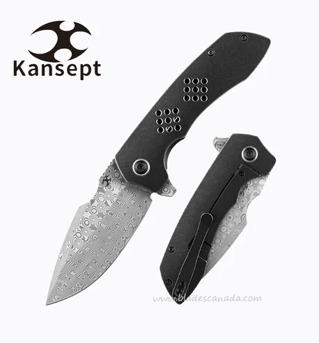 Kansept Entity Flipper Framelock Knife, Damascus, Titanium Black, K1036A3