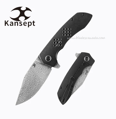 Kansept Entity Flipper Framelock Knife, Damascus, Titanium Black, K1036B3
