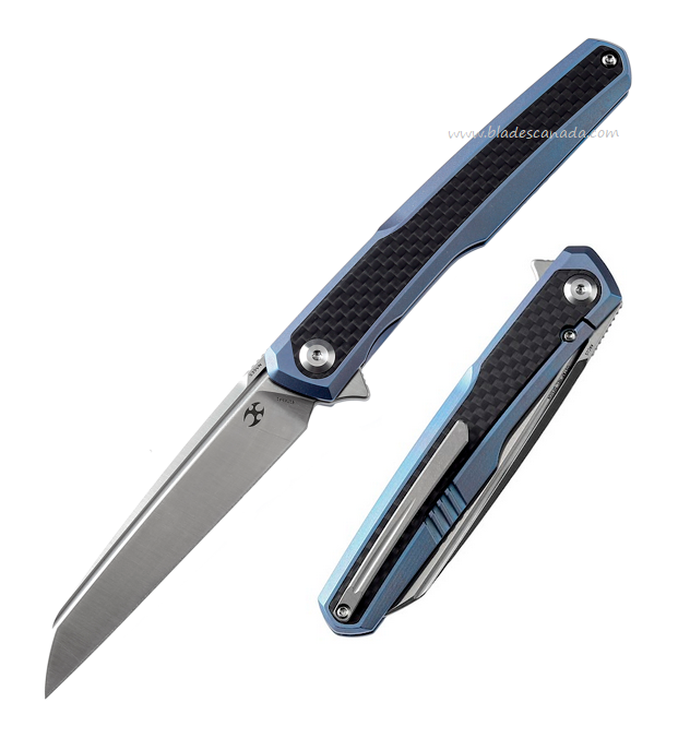 Kansept Arcus Flipper Framelock Knife, CPM S35VN Satin, Carbon Fiber/Titanium Blue, K1046A1