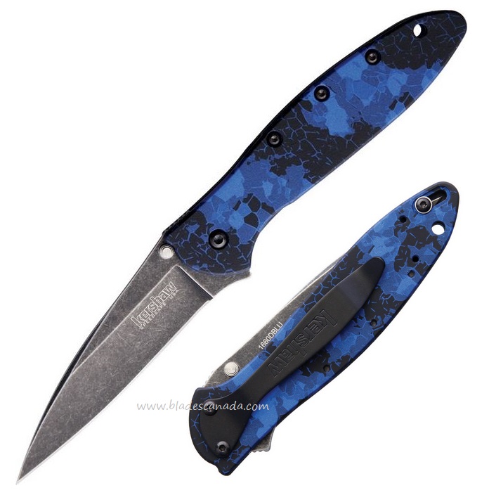 Kershaw Leek Flipper Folding Knife, Assisted Opening, 14C28N Sandvik, Aluminum Digital Blue Camo, K1660DBLU