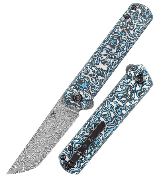 Kansept Foosa Slip Joint Flipper Folding Knife, Damascus Blade, Carbon Fiber, K2020T2