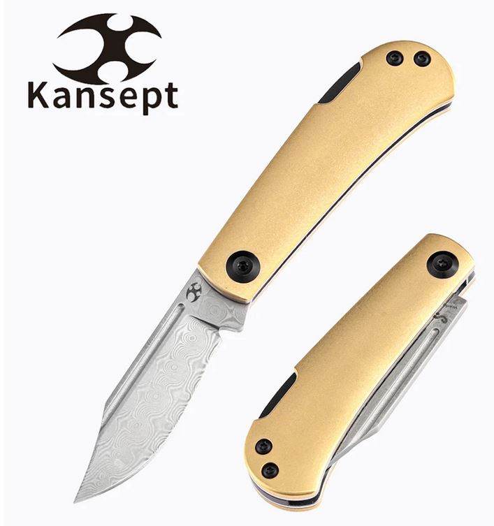 Kansept Wedge Lockback Folding Knife, Damascus Blade, Brass Handle, K2026BB1