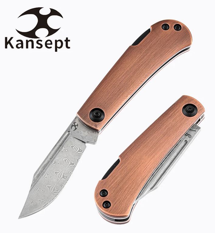 Kansept Wedge Lockback Folding Knife, Damascus Blade, Red Copper, K2026BC1