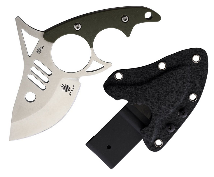 Kizer Shark Tooth Fixed Blade Knife, N690 Satin, G10 Green, Kydex Sheath, KI1043N1