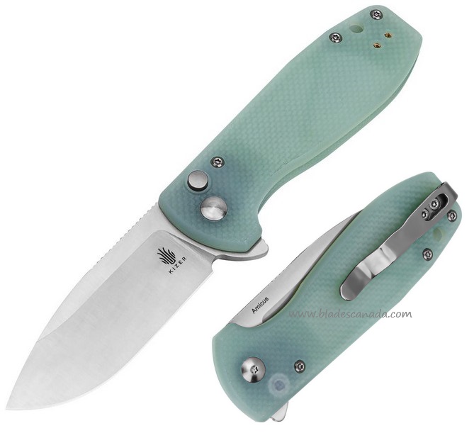 Kizer Amicus Button Lock Flipper Folding Knife, Jade G10, KIL3002A2