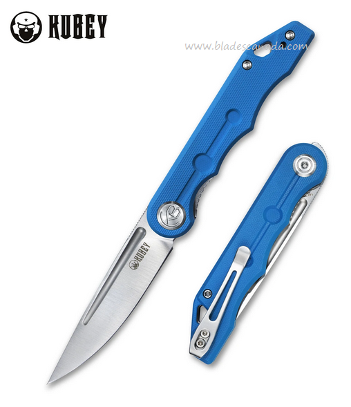 Kubey Mizo Flipper Folding Knife, 14C28N Satin, G10 Blue, KU2101B
