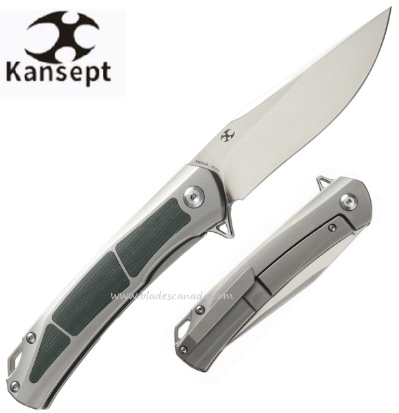 Kansept Sprite Flipper Framelock Knife, CPM S35VN, Titanium/Micarta Green, K1003A2