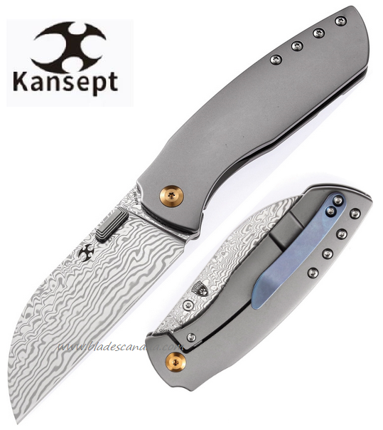 Kansept Convict Framelock Folding Knife, Damascus Blade, Titanium Grey, K1023D1 - Click Image to Close