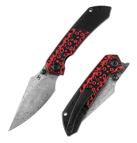 Kansept Fenrir Flipper Folding Knife, Damascus, Titanium/Black & Red, K1034A2
