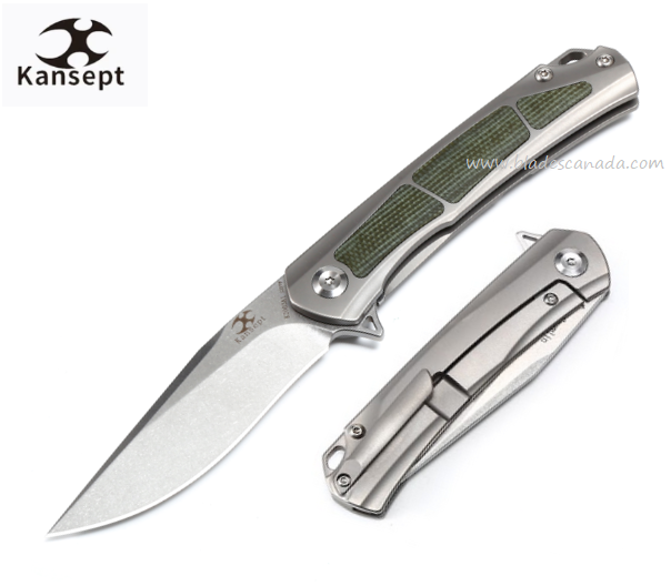Kansept Gremlin Flipper Framelock Knife, CPM S35VN, Titanium/Micarta Green, K2003A1