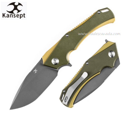 Kansept Mini Hellx Flipper Folding Knife, D2 Gray, G10 Olive Green, T2008A2