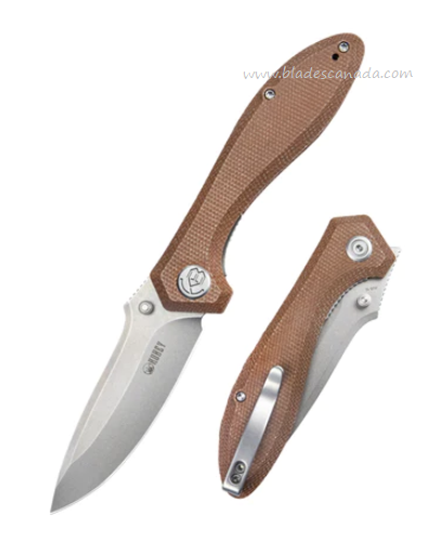 Kubey Ruckus Flipper Folding Knife, AUS10, Micarta Natural, KU314M