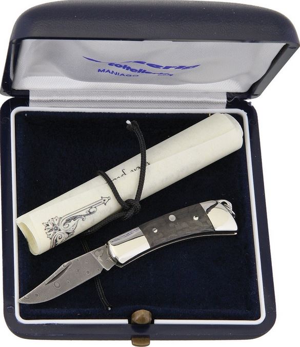 Maserin Italy Mignon Folding Knife, Damascus Steel, Carbon Fiber