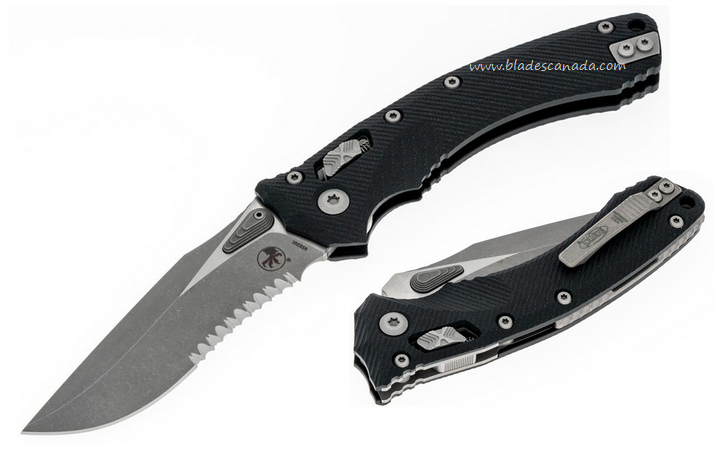 Microtech Amphibian Ram-Lok Folding Knife, M390MK Apocalyptic Partially Serrated, G10 Black Fluted, 137RL-11APFLGTBK
