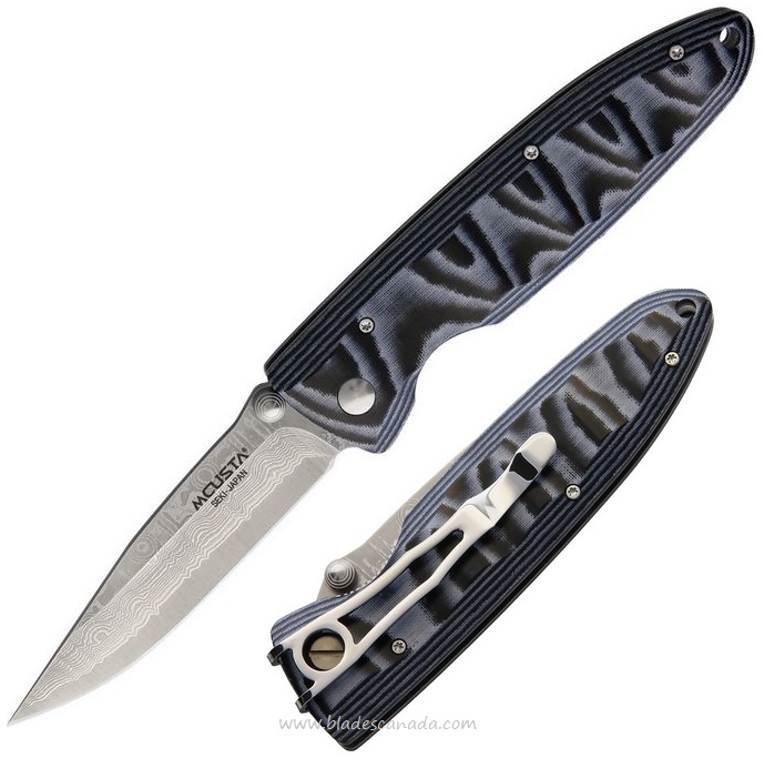 Mcusta Folding Knife, Damascus Blade, Micarta Blue, MCU10D