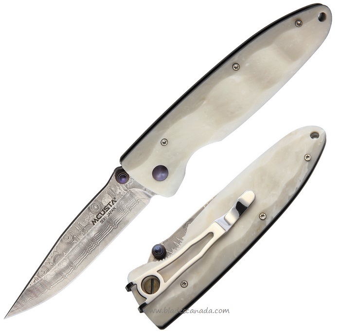 Mcusta Folding Knife, Damascus Steel, White Corian, MCU19D
