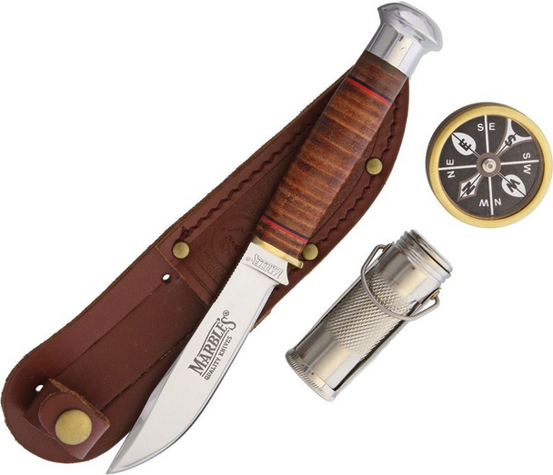 Marbles Fixed Blade Knife Gift Set, Stainless, Leather Handle, Compass, Match Case, MR303
