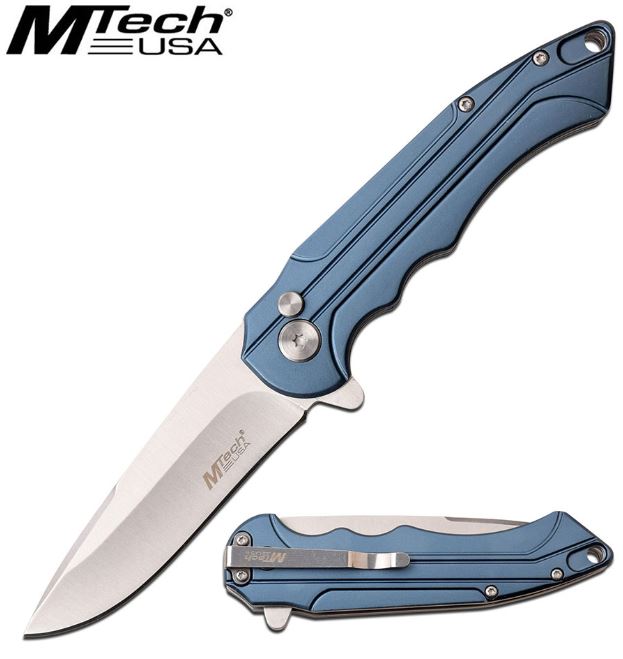 Mtech Knives Flipper Folding Knife, Blue Aluminum Handle, Button Lock, MT1022BL