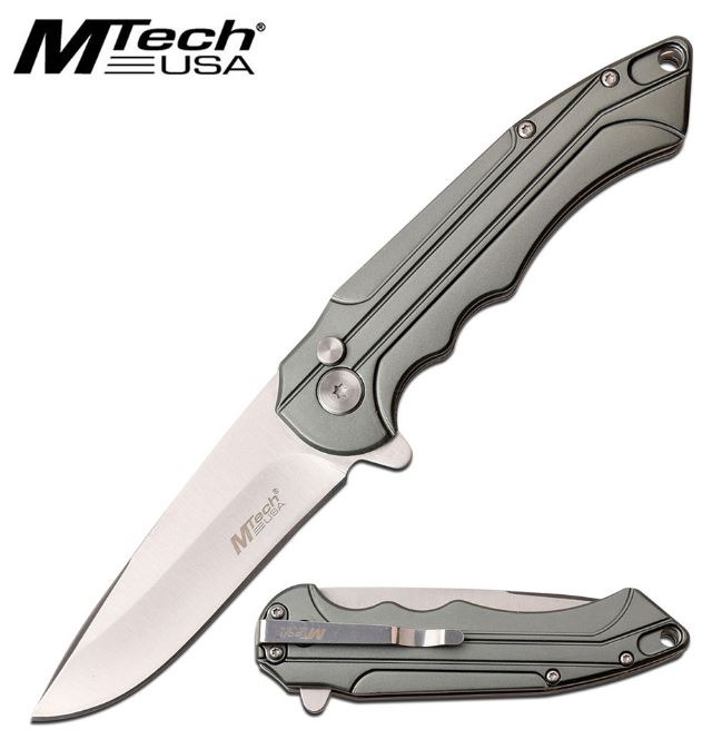 Mtech Knives Flipper Folding Knife, Gray Aluminum Handle, Button Lock, MT1022GY