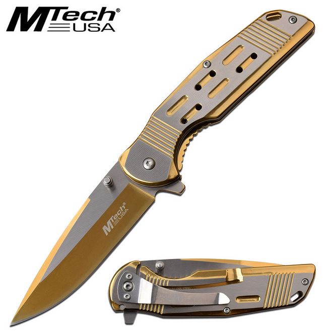 Mtech A1019GD Flipper Framelock Knife, Assisted Opening, Gold Finish - Click Image to Close