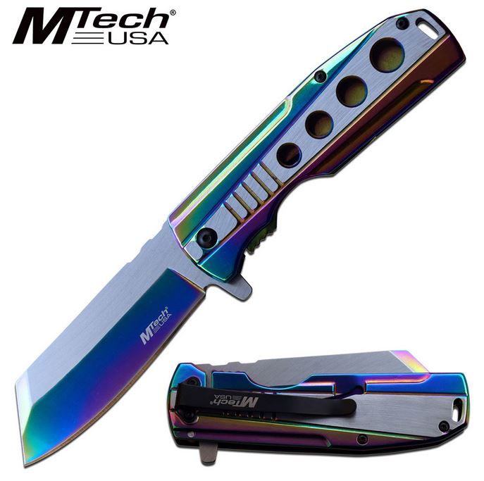 Mtech Knives Flipper Framelock Folder, Rainbow Stainless Handle, Assisted Opening, MTA1107RB - Click Image to Close