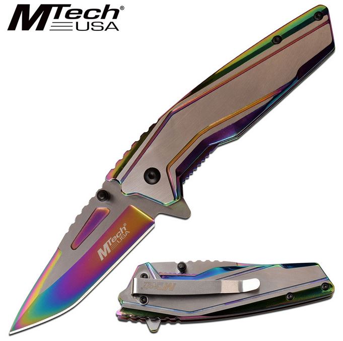 Mtech Knives Flipper Folder, Rainbow Handle & Blade, Assisted Opening, MTA1117RB - Click Image to Close
