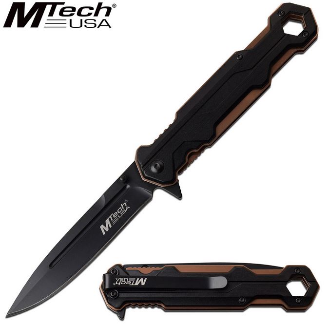 Mtech A1128BZ Flipper Folding Knife, Assisted Opening, Black/Tan Handle