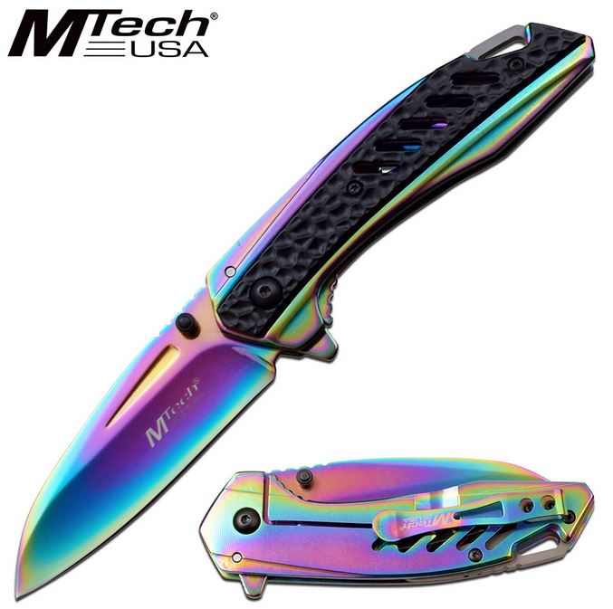 Mtech Knives Flipper Framelock Folder, Rainbow, Stainless Handle, Assisted Opening, MTA1133RB