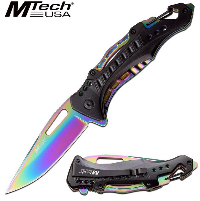 Mtech A705G2RB Flipper Folding Knife, Assisted Opening, Aluminum Rainbow
