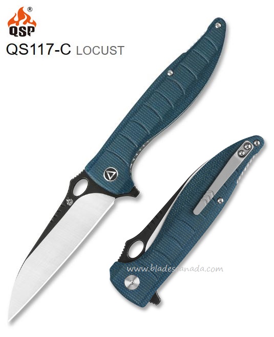 QSP Locust Flipper Folding Knife, 154CM Steel, Micarta Blue, QS117-C