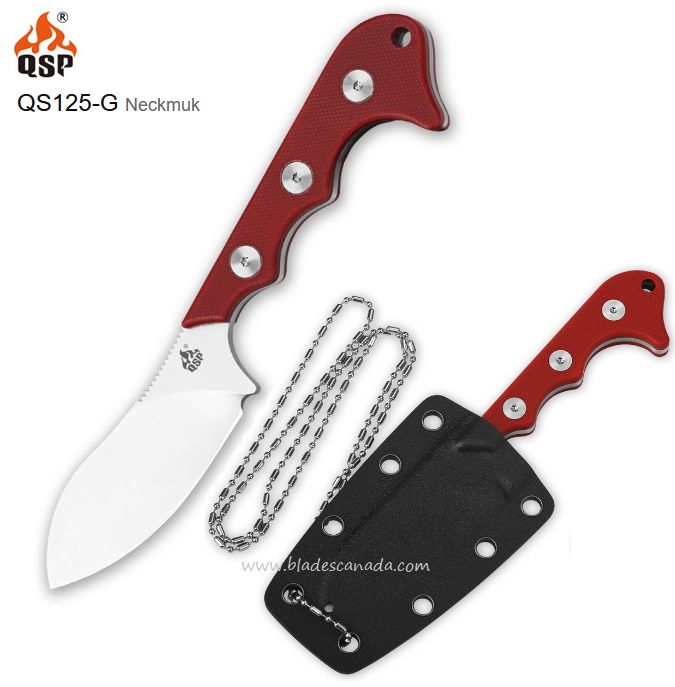 QSP Neckmuk Fixed Blade Knife, D2 Steel, G10 Red, Kydex Sheath, QS125G