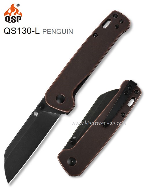 QSP Penguin Folding Knife, D2 Black SW, Copper Handle, QS130-L - Click Image to Close