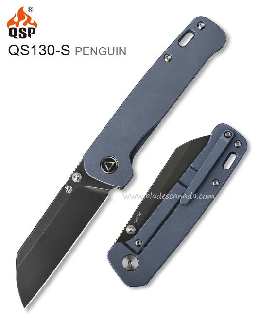 QSP Penguin Framelock Folding Knife, 154CM Black, Titanium Blue, QS130S