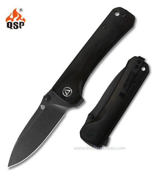QSP Hawk Flipper Folding Knife, 14C28N SW Black, Ebony Wood, QS131-P2