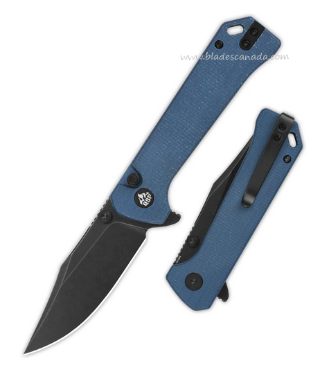 QSP Grebe Flipper Button Lock Knife, 14C28N Black SW, Micarta Blue, QS147-B2