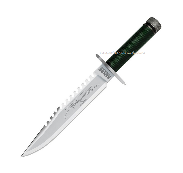 Rambo Mini First Blood Bowie Fixed Blade Knife, Stainless, Cord Wrapped OD Green, Leather Sheath, RB9431