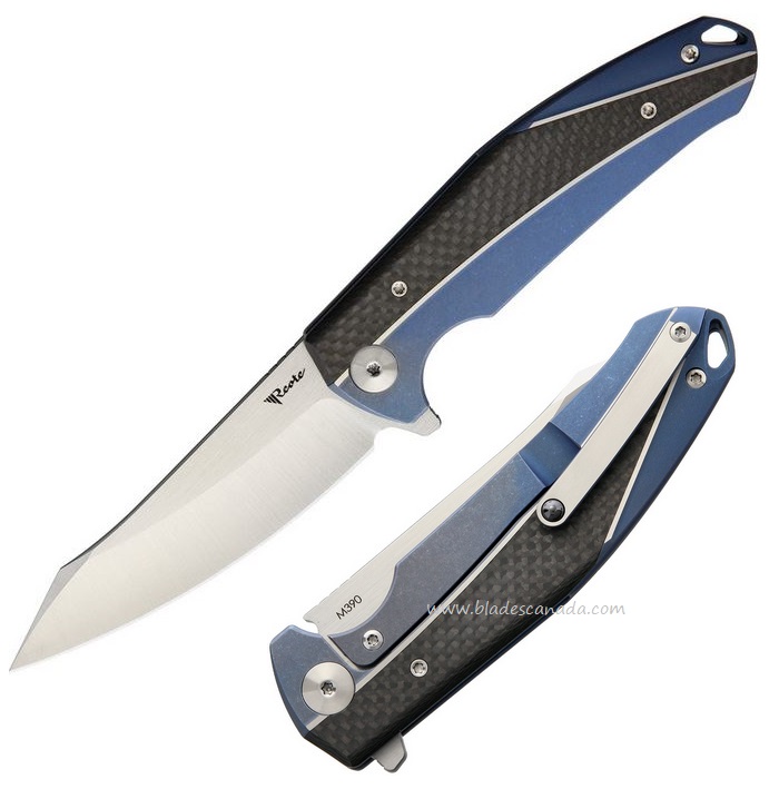 Reate K-1 Flipper Framelock Knife, M390, Titanium Blue/Carbon Fiber