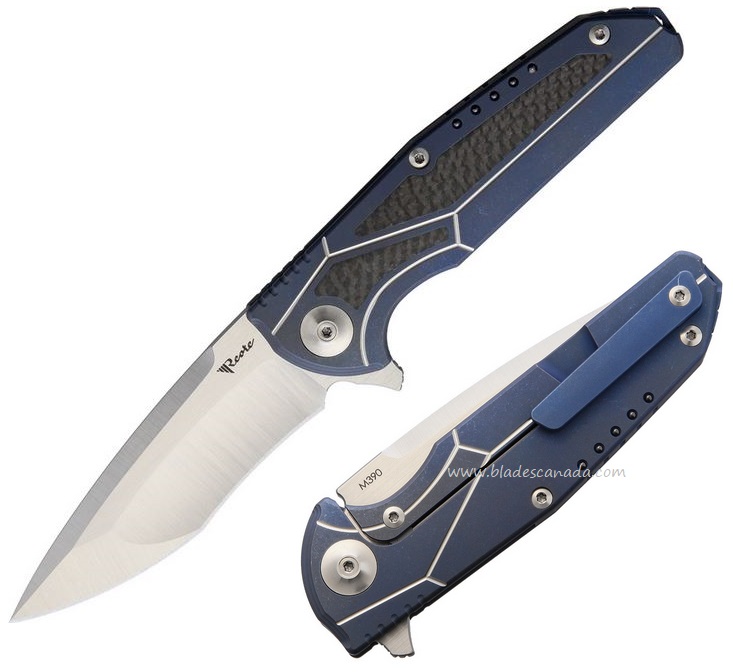Reate K-4 Flipper Framelock Knife, M390, Titanium Blue/Carbon Fiber Inlay