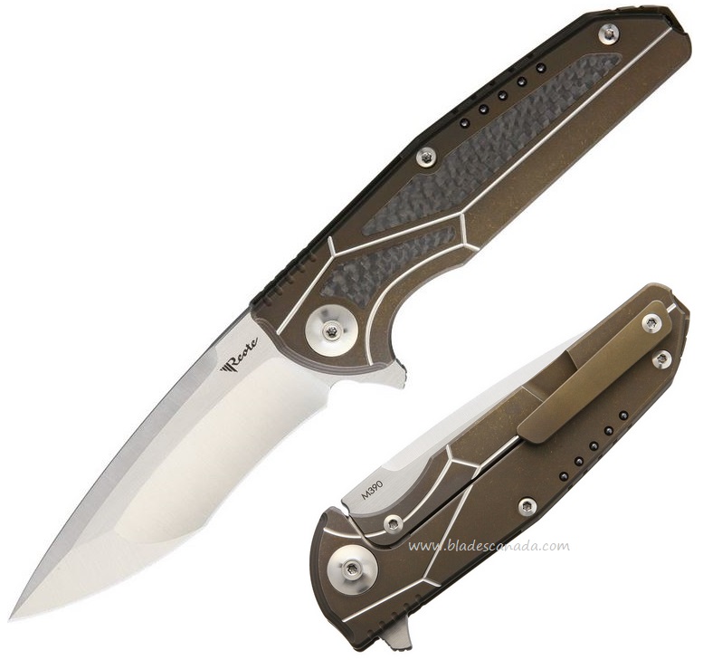 Reate K-4 Flipper Framelock Knife, M390, Bronze Titanium/Carbon Fiber Inlay